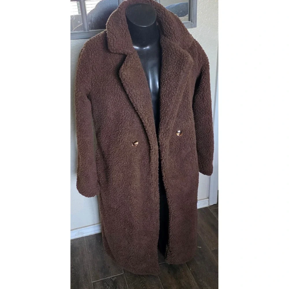EillyBazar Womens Brown Teddy Coat Faux Shearling Longline Maxi Jacket Small